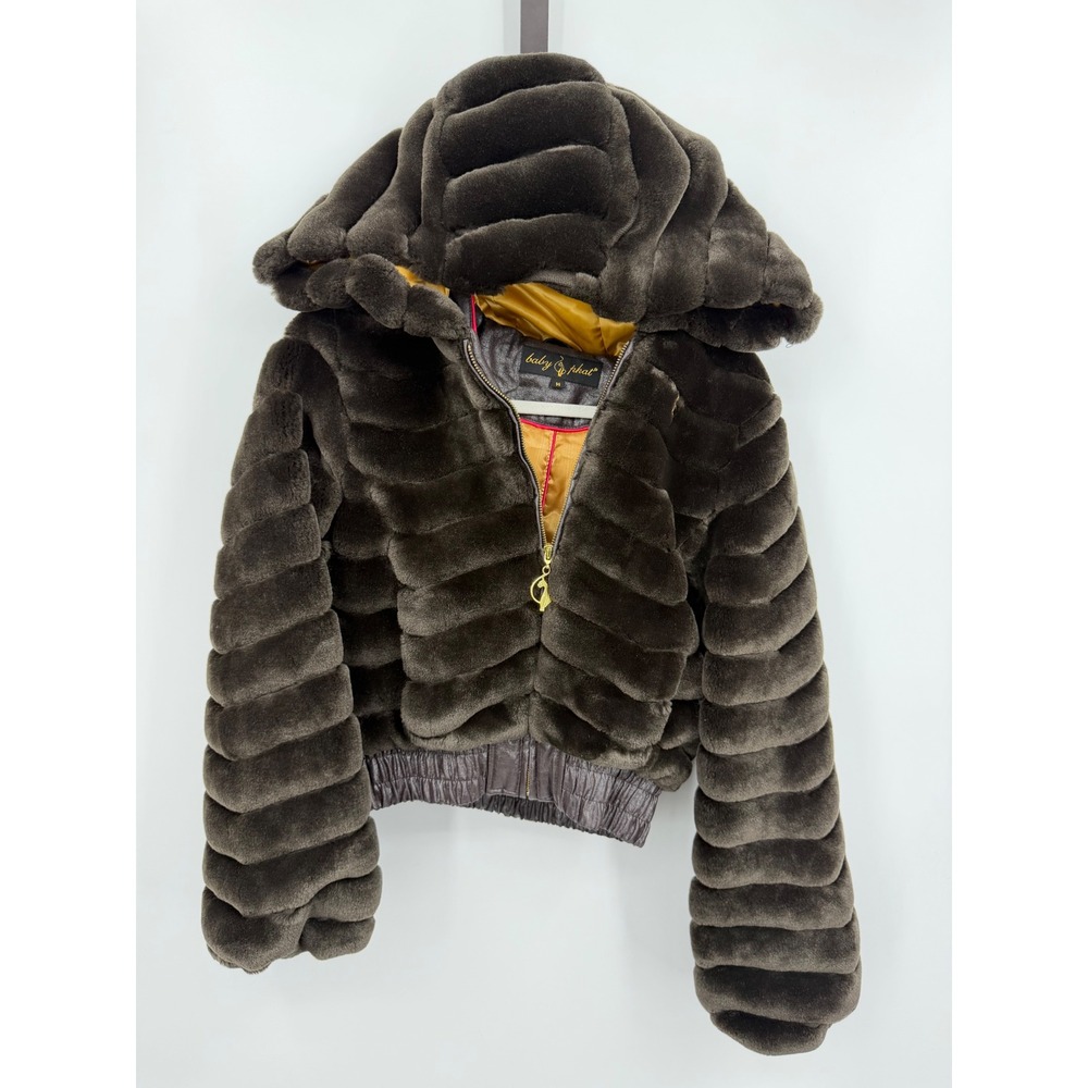 Baby Phat Faux Fur Hooded Jacket Women Size M Brown Y2K Cropped Bomber Logo